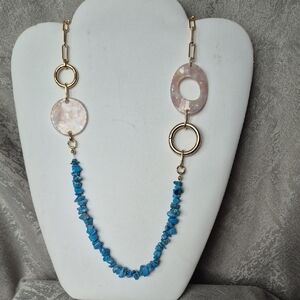 Gold Paperclip Chain, Blue Stones, Discs of Echo of Shell Nacre Necklace (J31)